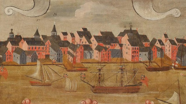 multicolored rendering of city skyline, wharves, & ships at Delaware River during colonial era.