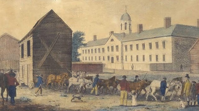 colored rendering of people on State House square