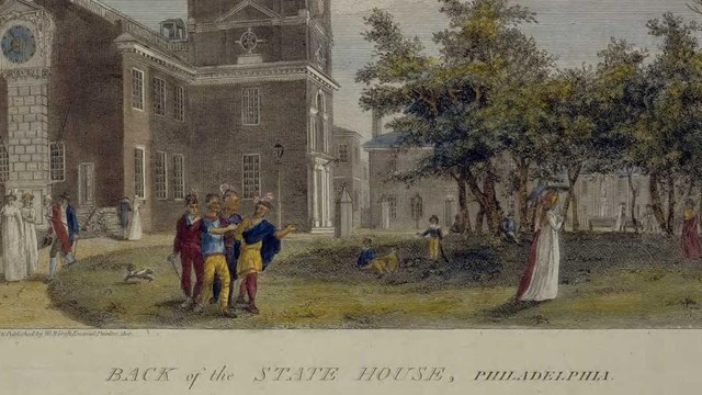 colored rendering of people in State House square