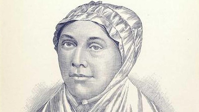 line drawing of woman in headcovering and shawl