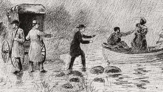 sketch of armed men helping people arriving on boat with child