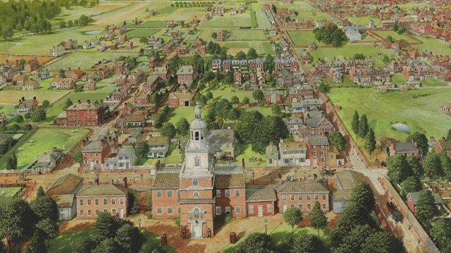 painting of an aerial view looking north towards the State House