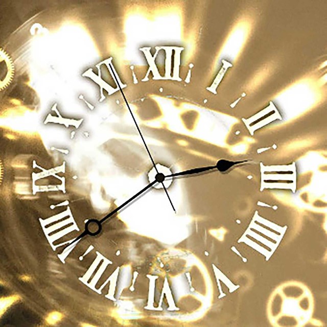 Clock face with roman numerals layered over a larger angled clock face