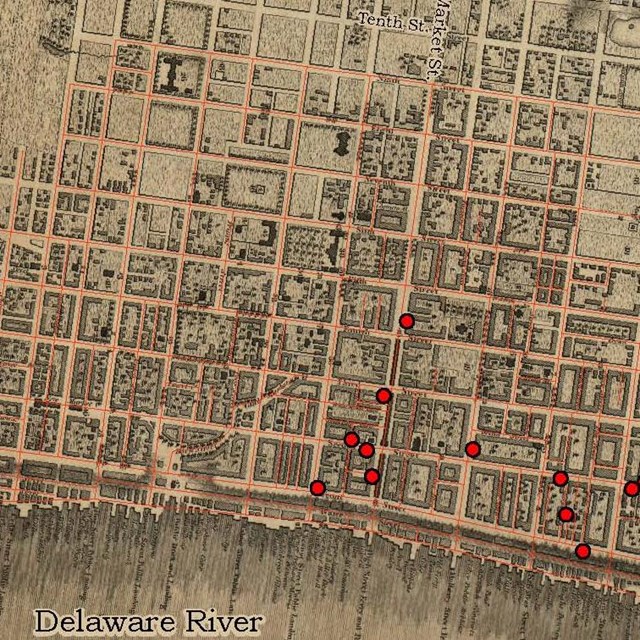 Map showing locations of clockmakers in early Philadelphia.