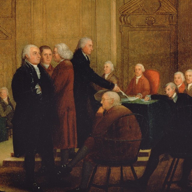 Color painting of the Committee of Five presenting the Declaration of Independence