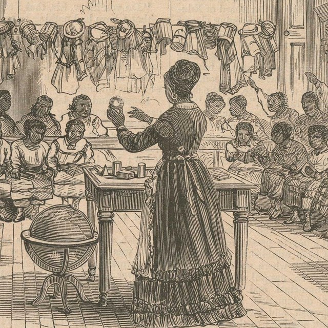 Rendering of unidentified African American woman teaching class with object