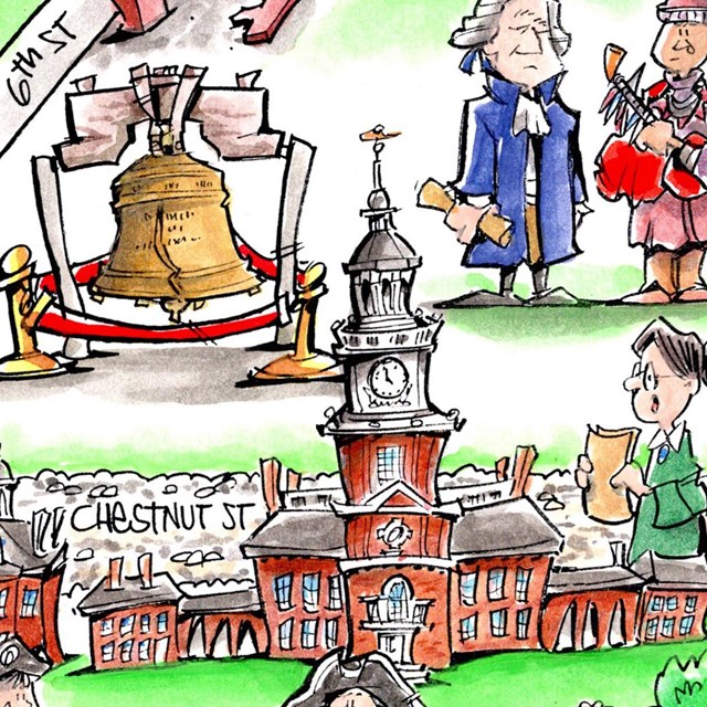 Cartoon drawing of Independence Hall and the Liberty Bell.