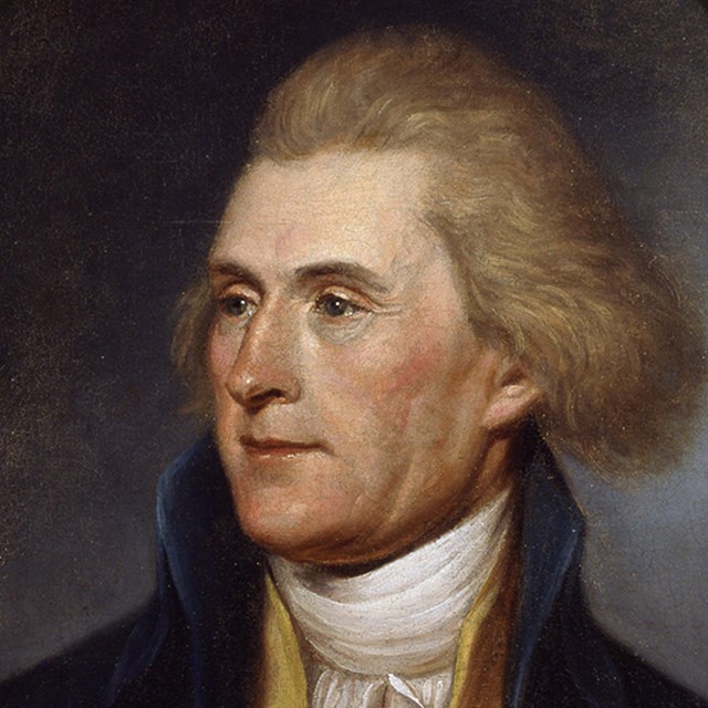 Color portrait of Thomas Jefferson, showing reddish-blonde hair and blue eyes.