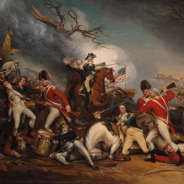 Color painting of an English soldier killing an American general during the Revolutionary War.