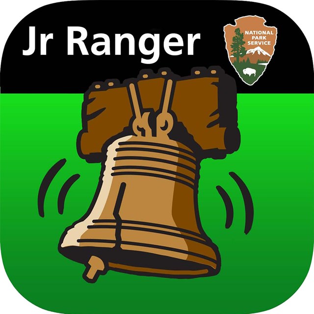 Color graphic of an illustrated Liberty Bell against a green background. 