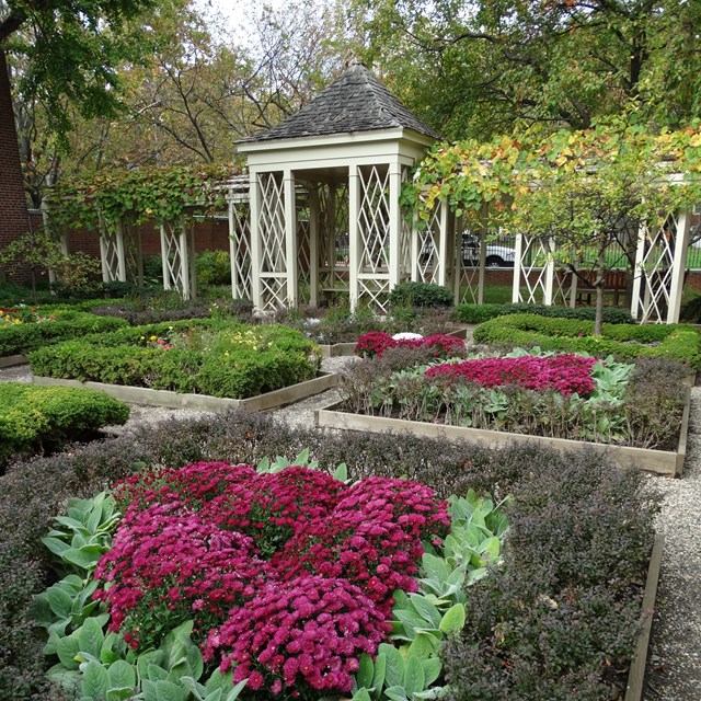 Color photo of flowers in bloom in geometric beds with a white gazebo in the background.