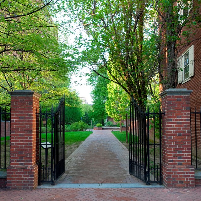Color photo of ornamental gates opening on to a path into a garden.