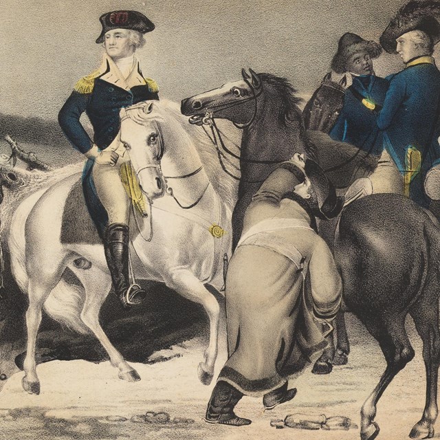 Print showing George Washington astride a white horse, looking out at battle preparations underway.