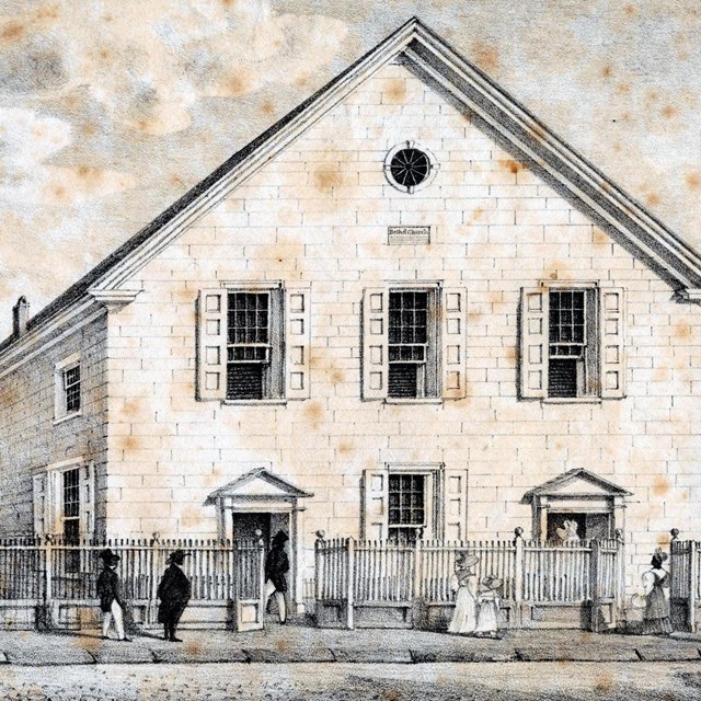 Print from 1829 showing Mother Bethel, a two story church building.