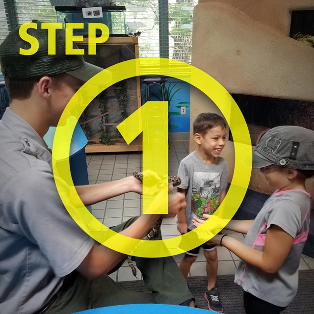 Photo of ranger showing snake to children.