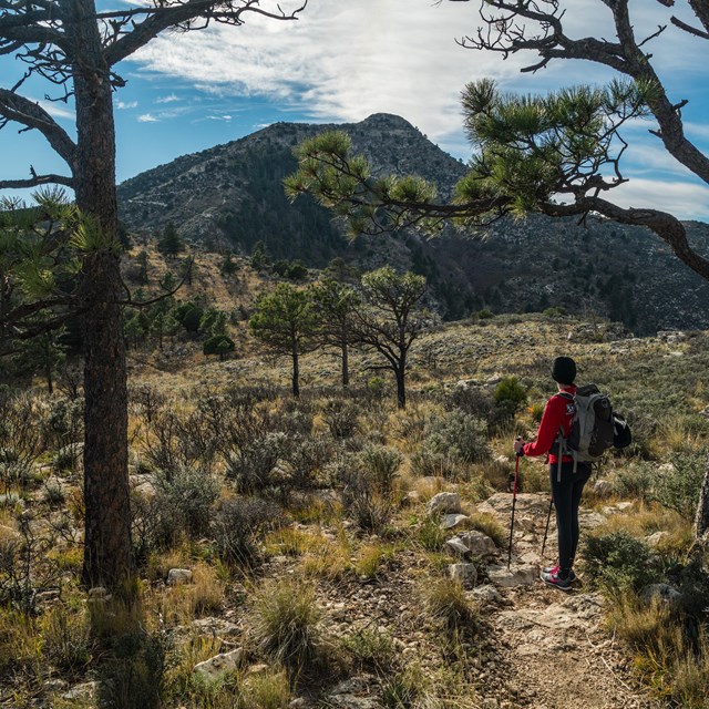 a hiker stops to admire a mountain in the distance