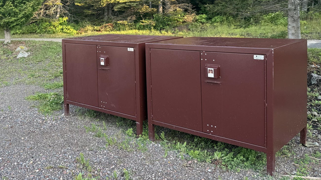 Two large, brown, metal lockers on a gravel path surrounded by forest.