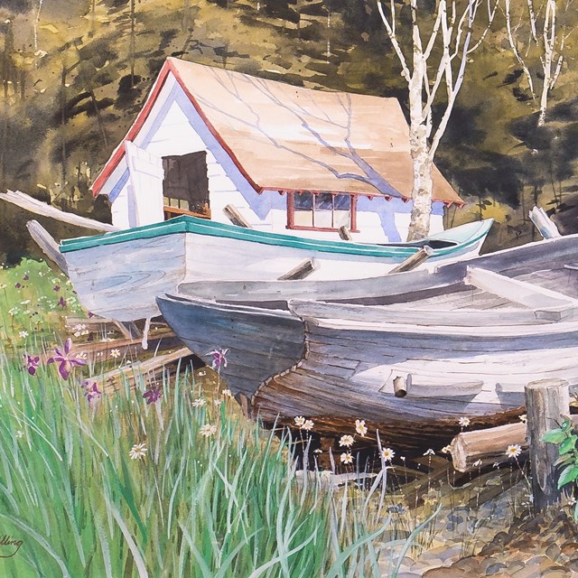 Artwork shows wooden boats laying in the grass