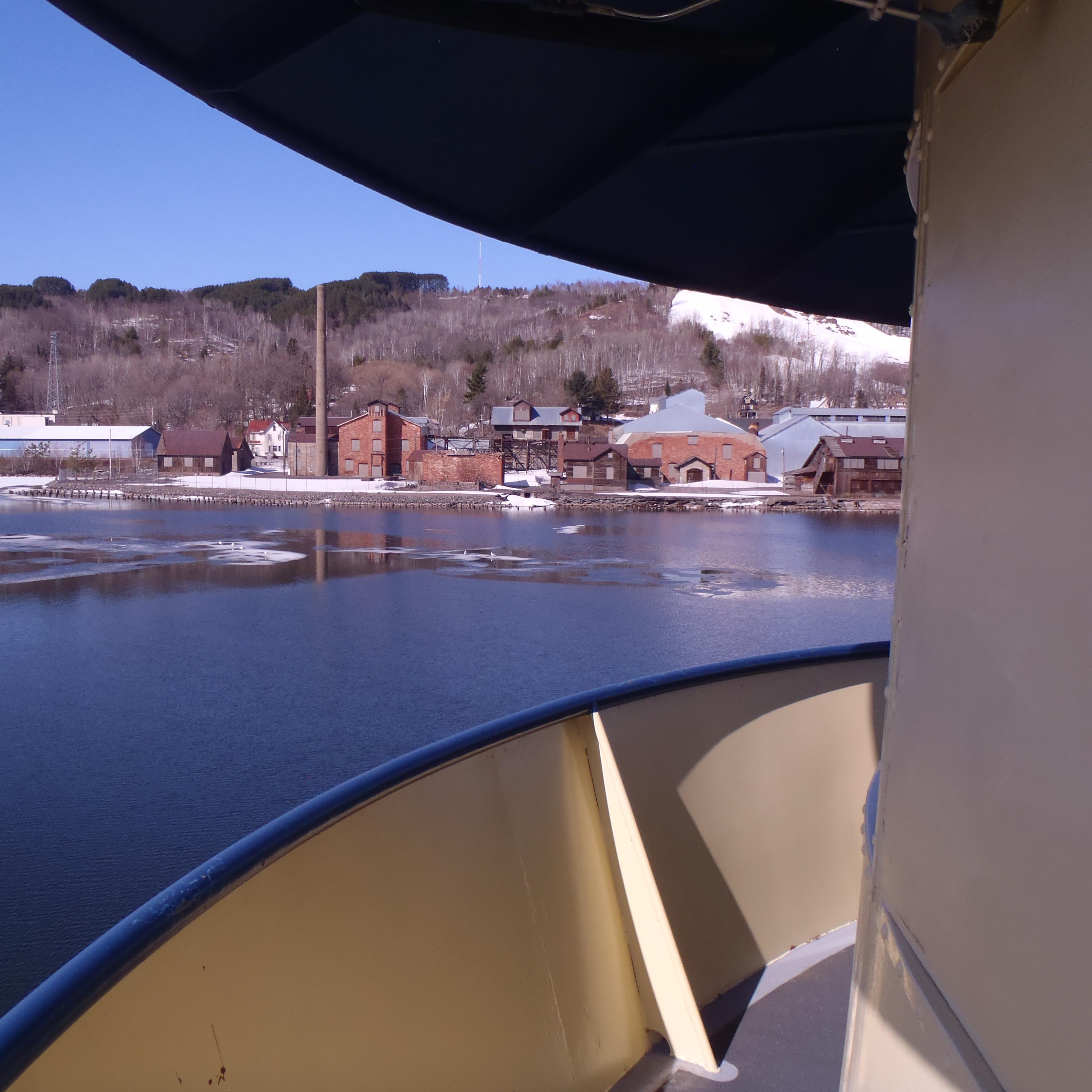Quincy Smelter as seen from the Ranger III across the Keweenaw Waterway in Spring with snow and ice.