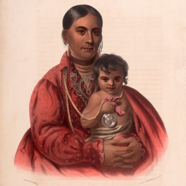 Lithograph of an Osage woman named Mohongo and her baby.