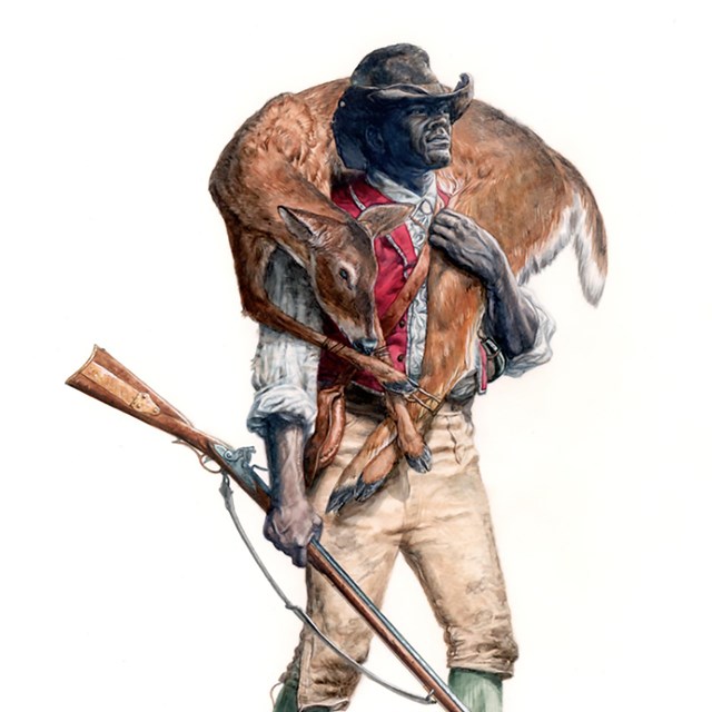 A strong Black man holding a gun and a dead deer.