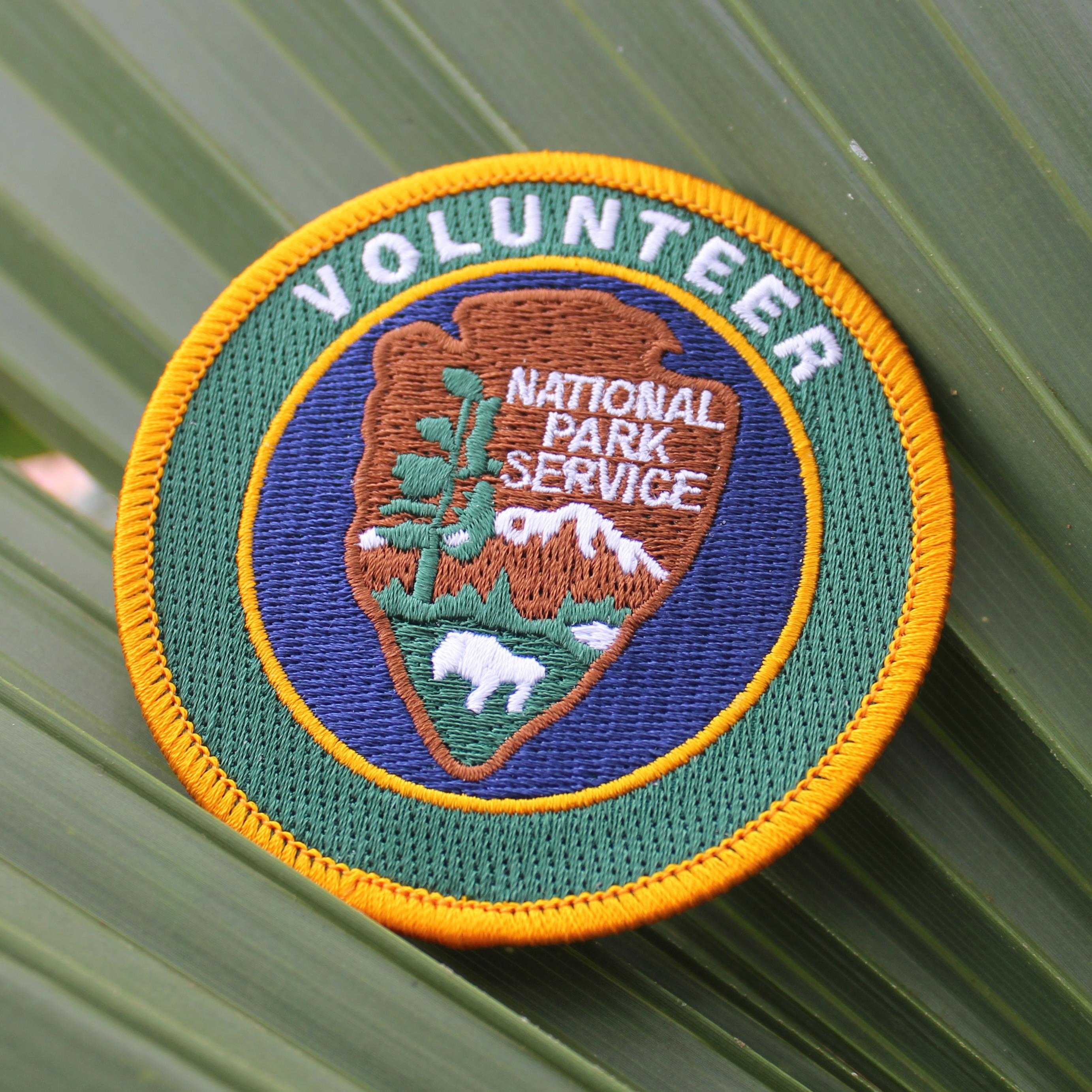 A NPS volunteer patch laying on green palmetto fronds.