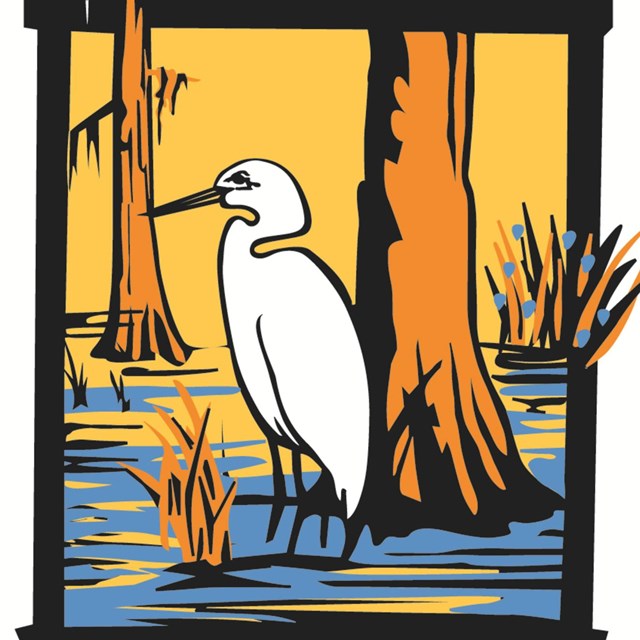 Graphic of white bird in swamp with text 