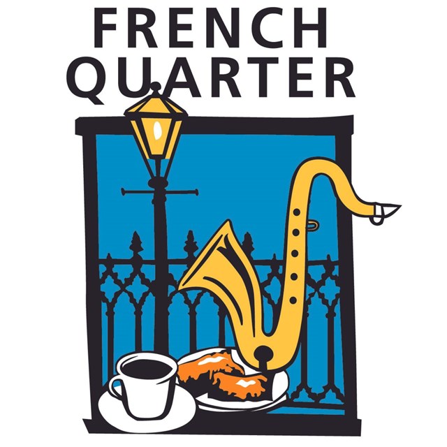 Graphic of saxophone, coffee, and donuts in front of fence. Text above 