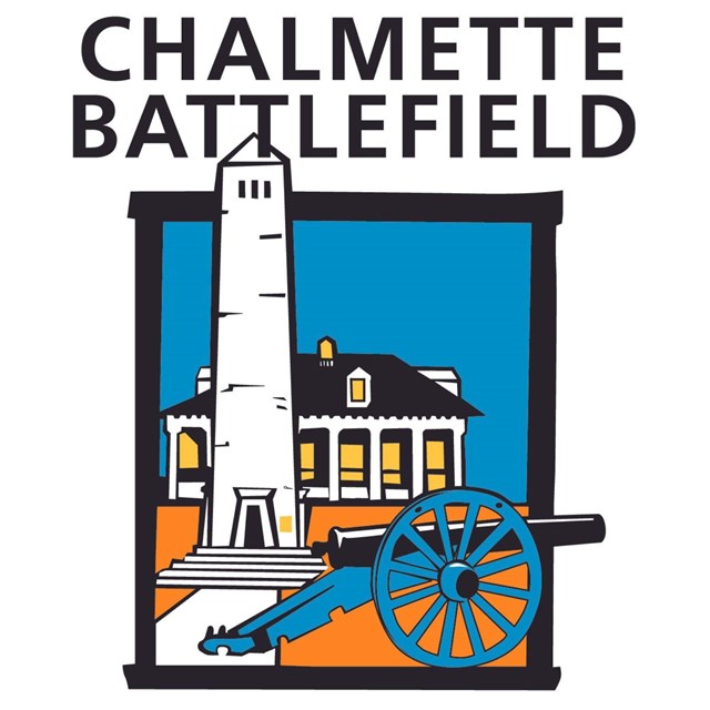 Graphic of cannon, tall white monument, and building. Text 
