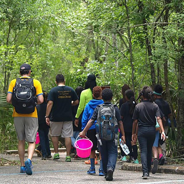 group of people walking towards trail