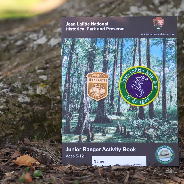 A wooden badge, patch, and junior ranger book perched at the base of a tree.