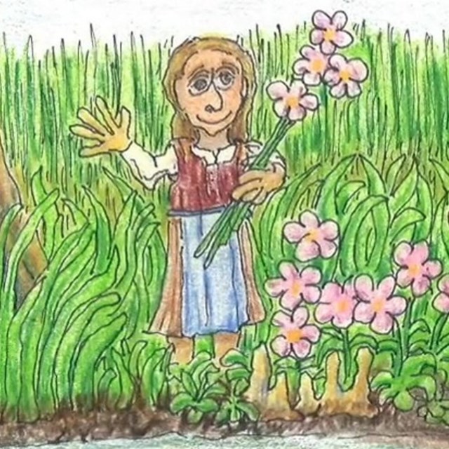 Drawing of a girl standing on the grass with pink flowers next to her.