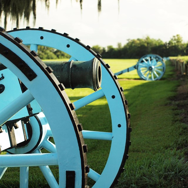 Cannons lined up behind wood and mud rampart