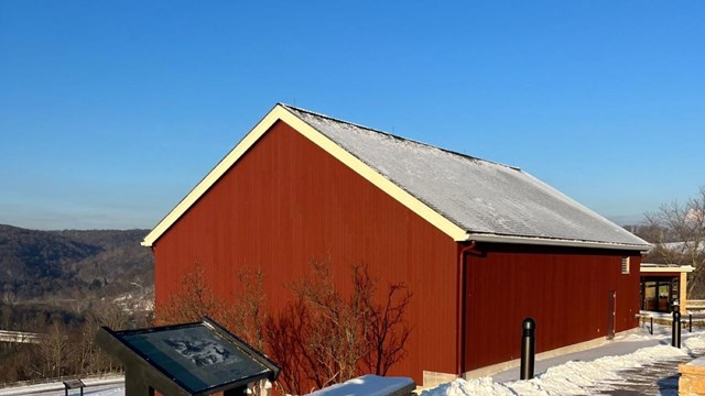 A red barn building.