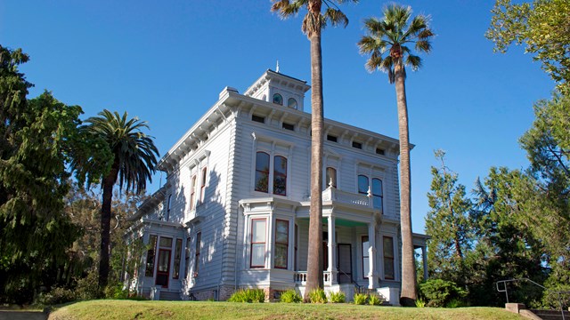 A two story victorian home with a bell tower. Two palms trees rise above the porch. 