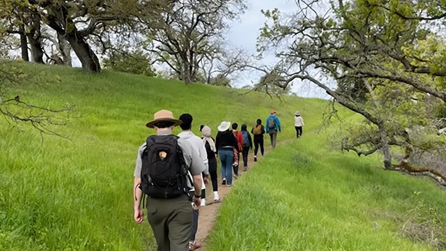 A ranger and visitor hike up Mount Wanda on a small trail, with trees in the background. 