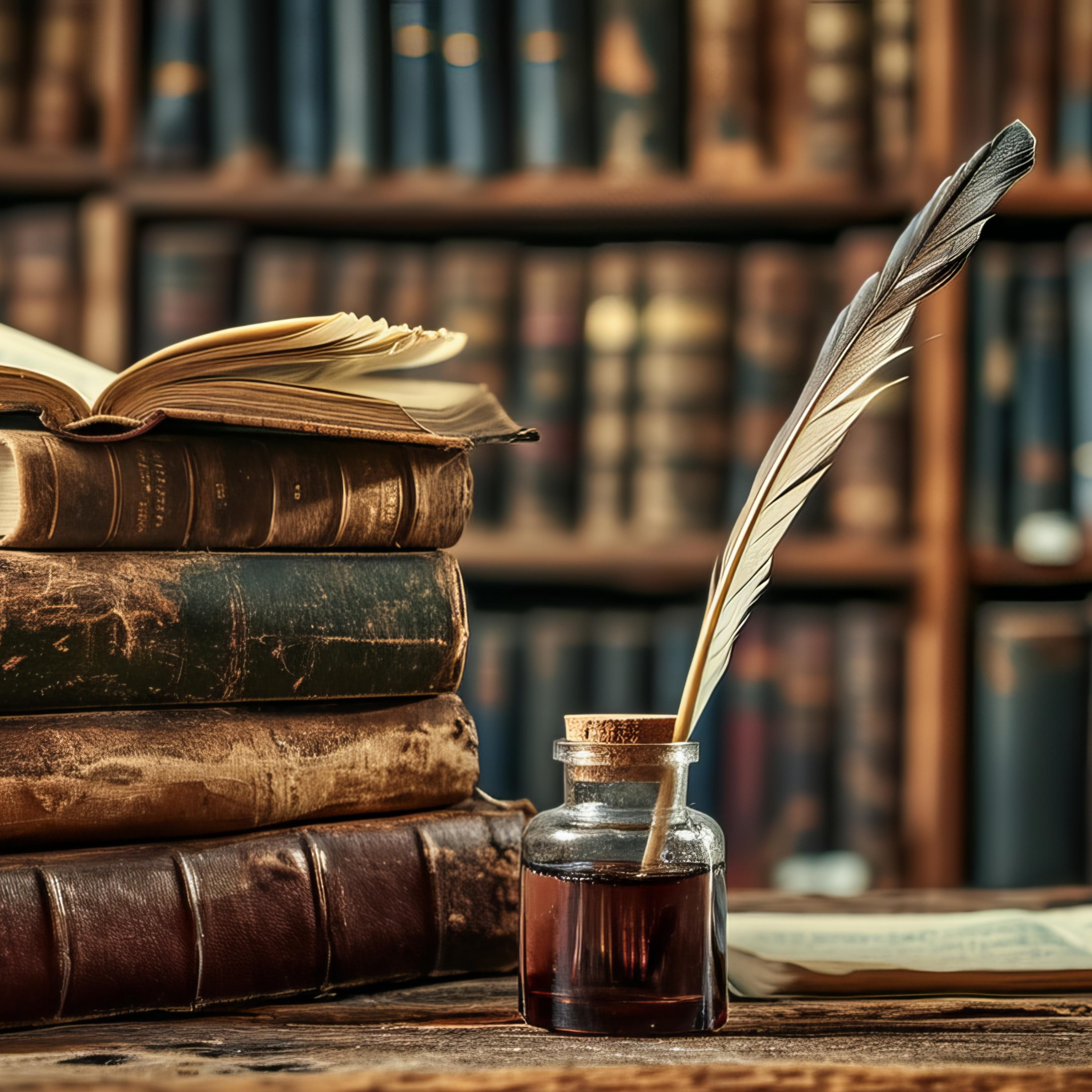 Photo of old books and a quill pen on a desk. Books on shelves in background. 