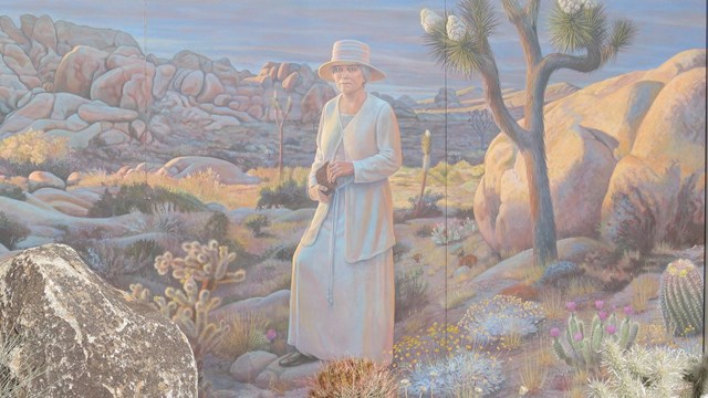 a mural of a woman standing in a desert landscape