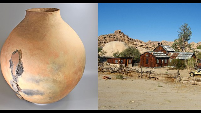 a montage of a prehistoric ceramic pot and a historic ranch house