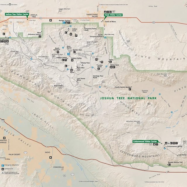 Joshua Tree National Park map showing the park boundary, paved and dirt roads, hiking trails, and t