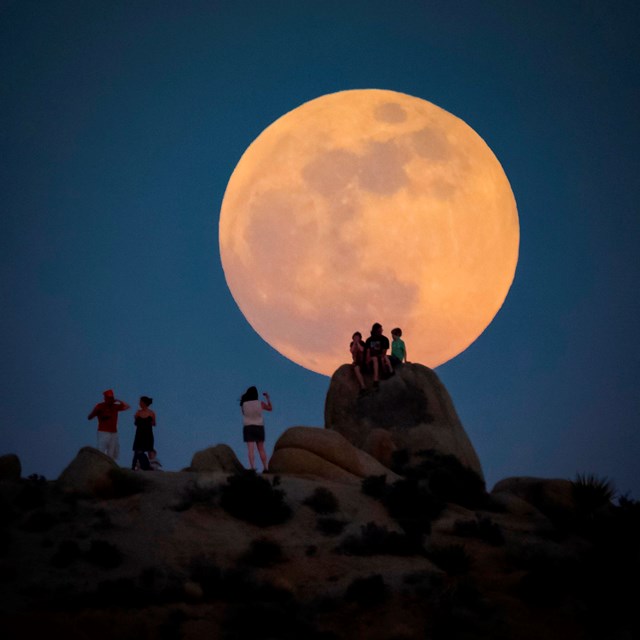 A full moon rising over a desert landscape with people sitting on rocks overlooking the vi