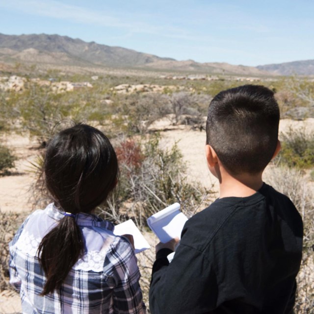 a girl and a boy looking across the desert toward distant mountains
