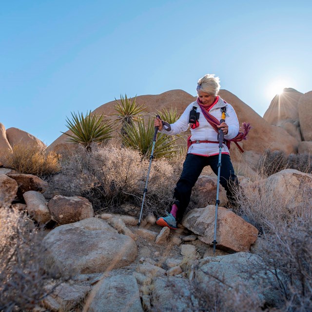 A woman hiking in a desert landscape with trekking poles. 