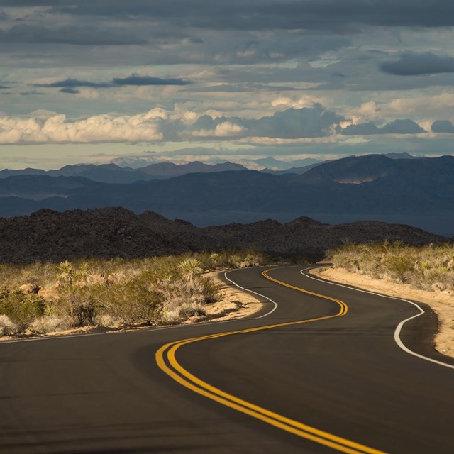 a road winds through the desert landscape