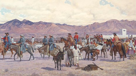 A painting depicting a desert landscape with Spanish soldiers and expedition members from 1775