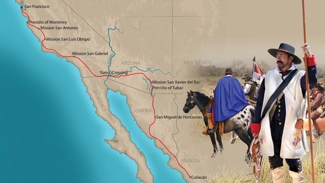 A map of western US and northwest Mexico with an illustration of an 18th century Spanish soldier