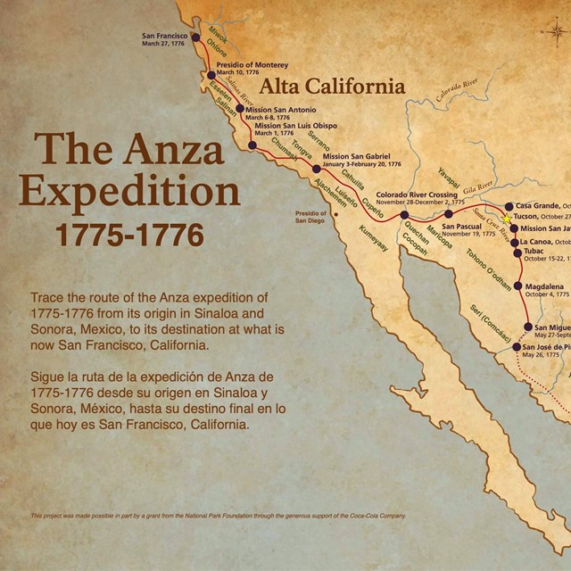 A map shows the Anza Expedition of 1775-76 starting in New Spain and ending in Alta California