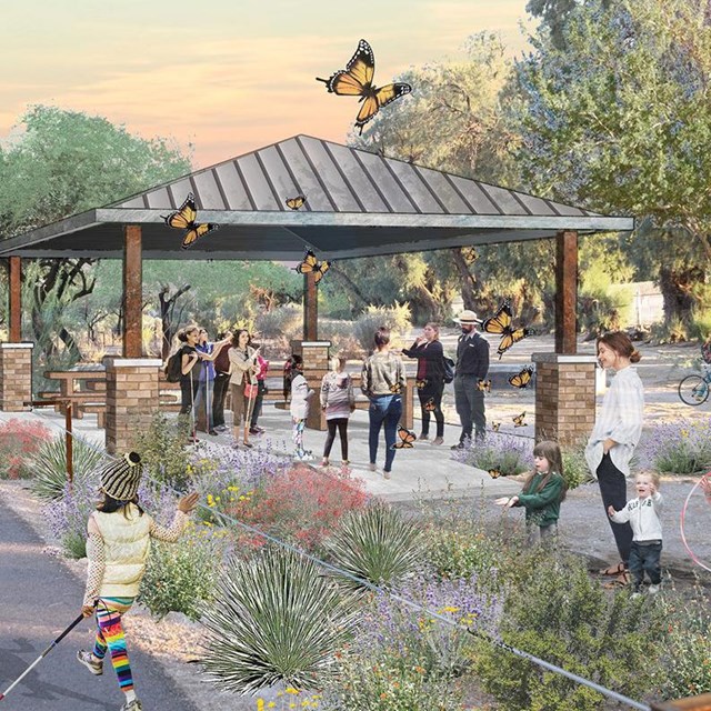 A digital rendering of children of different abilities using a park with a pergola and butterflies