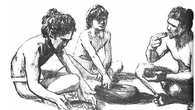 Sketch of Native Hawaiians sitting and eating
