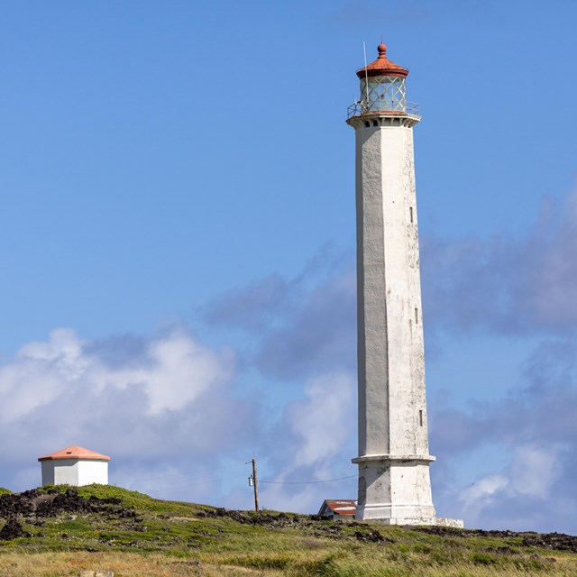 A white, thin, and tall building on a green hill. 